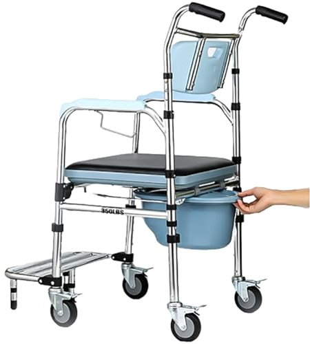 Toilettenstuhl mit Rollen und Anti-roll-over Pedale,Toilettenstuhl Höhenverstellbar,Commode Toilet Chair for Bedroom,WC-Stuhl für Senioren Behinderte und Schwangere A
