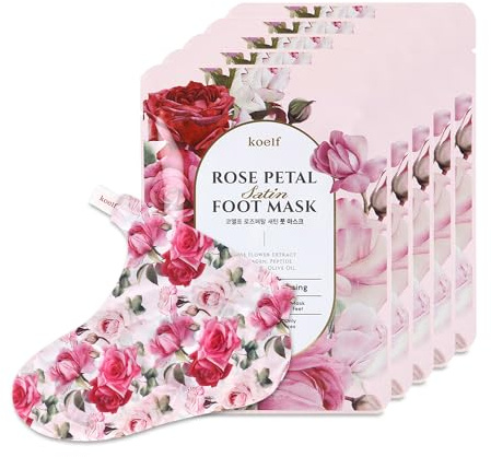 koelf Rose Petal Satin Foot Mask (5pairs) - Korean Skin Care, Intensive Nourishing Socks, Rose Scented Foot Repair Masks with Peptide, Collagen, Shea Butter, Urea for Smooth Feet, Foot Treatment