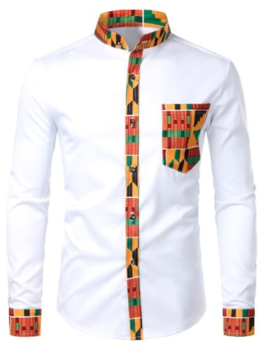 Duohropke Chemise longue pour homme - Imprimé africain - Manches longues - T-shirt basique - Coupe ajustée - Bouton - Blouse - Haut - Vêtement de noblesse africaine, Blanc., 3XL