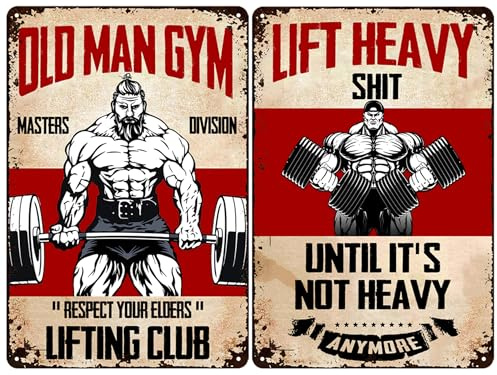 Vexflire 2 Stück Männer Gym Geschenke Gewichtheben Poster Retro Metall Blechschild Hantel Fitness Dekor für Fitnessraum 20,3 x 30,5 cm