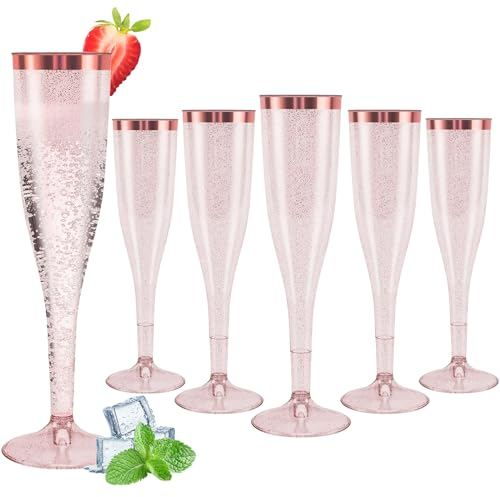 Bicchieri da spumante in plastica, 30 pezzi, 150 ml, bordo oro rosa e glitter riutilizzabili, per compleanni, matrimoni, feste, picnic, attività all'aperto (oro rosa)