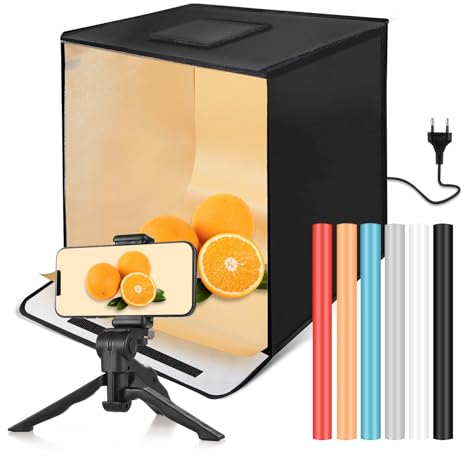 Andoer Fotobox 60 x 60 x 60 cm Plegable Estudio Fotográfico 3200K-5500K Caja de luz Regulable Caja de Luz Luz Set con 6 Fondos Colores Pizarras LED Tablas LED Trípode de Tela Suave y Clip para