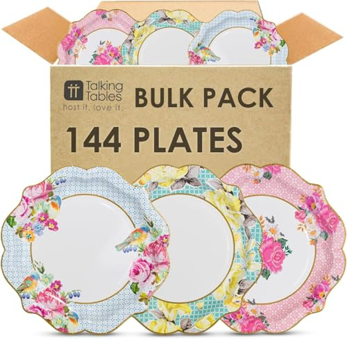 Talking Tables 144 platos de papel desechables fuertes y bonitos, diseño floral, paquete a granel, té de la tarde, día de la madre, decoración de fiesta para cumpleaños, baby shower, boda y