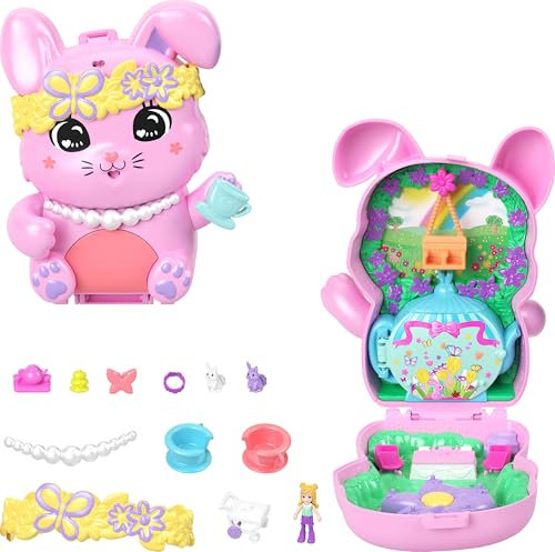 Polly Pocket Puppen und Spielset, Teeparty-Häschen-Schatulle, Spielzeug für unterwegs mit 1 kleinen Puppe, Häschen, Zubehör für Styling und Essen, JCR40