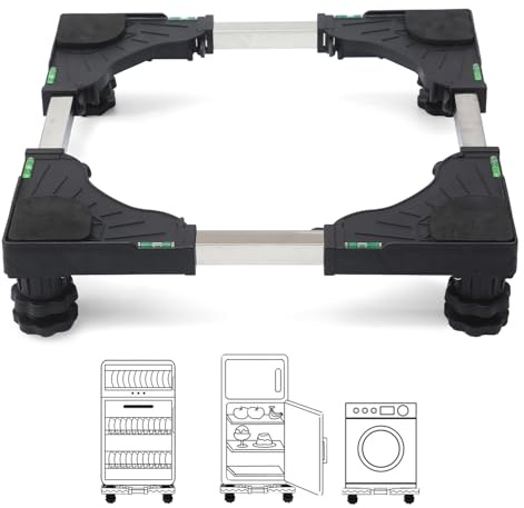 Duscdesp Support de machine à laver, avec 4 pieds solides, hauteur : 10 à 13 cm, mini support de réfrigérateur, pour machine à laver, sèche-linge, noir, réglable de 40 à 65 cm