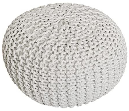 Abato Pouf Ø 55 cm Sitzpouf Strickhocker Sitzpouf Bodenkissen nachhaltig Grobstrick Optik, extra stabil, passend für jeden Wohnraum, fair gehandelt, 100% Baumwolle Naturmaterial (weiß)