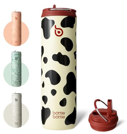 BOTTLE BOTTLE Botella de agua termo con tapa de pajita y asa, de acero inoxidable de doble pared con aislamiento al vacío, a prueba de fugas, sin BPA, para deporte, viaje - Motivo de vaca, 710 ml