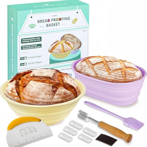 Gärkörbchen Gärkorb Brot Backen Zubehör, 2 Stück Sauerteig Starter Set Faltbar Gärkörbchen für Brot Silikon Brotkorb mit Bäckermesser, Teigschaber, Silikonbürste(22,9 cm Rundes und 25,4 cm Oval)