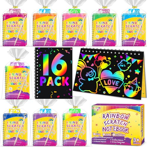 Party Favors for Kids 4-8-12: 16 Pack Scratch Rainbow Art Crafts Notebook, Coloring Book Goodie Bags Stuffers Kit, Bulk Birthday Gift Classroom Prizes Girl Boy Toddler
