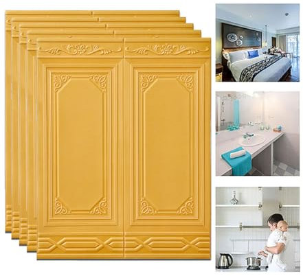 GFLCWYP Wandpaneele Tapete Aus XPE-Schaumstein,3D Paneele Wand Zum Abziehen Und Aufkleben 3D-Textur,Wandverkleidung Innen Aus Ziegelimitat Für Innenwanddekoration, Heimdekoration,10 Stück,Gold