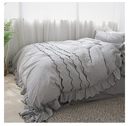 Duvet Cover Set White Seersucker Duvet Cover Set 4Pcs Queen King Size Girls Bedding Set Ulra Soft Cotton Duvet Cover with Elegant Ruffle Flat Bed Sheet Pillowcase Duvet Cover Full(Color 2,King size 4P