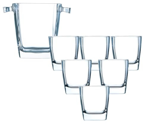 Glass Ice Bucket with Low Glasses, Transparent - 7-Piece Whiskey Drinkware Set, 1.4L Sterling Ice Bucket with 6 Transparent 300ml Lowball Glasses for Bourbon, Cocktails & Beverage Serving