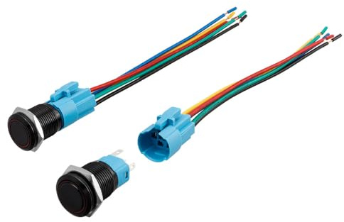 Bestgle 2 Pezzi 12-24 V Interruttore Pulsante 16mm, Metallo Impermeabile LED Interruttore, Acciaio Inossidabile Pulsante Rotondo con Presa a Filo Spina