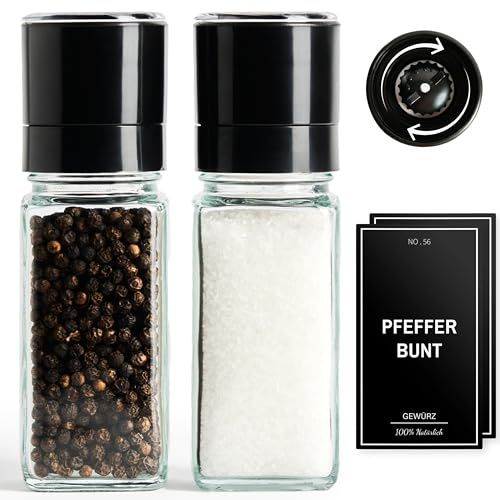 Greeano® Salz und Pfeffermühle [2er Set] – Hochwertige Gewürzmühle aus Glas mit Keramikmahlwerk – Manuelle Salzmühle & Pfeffermühle für grobes Salz, Pfeffer & Gewürze
