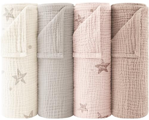 Bearmoss Moltontücher Baby 100% Baumwolle Weiche Spucktücher Baby,Atmungsaktiv und Extrem Saugfähig Musselin Tuch für Saugstark Mulltücher 4er 60x60cm (Rosa Druck)