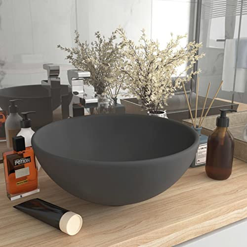 Lavabo de lujo, Cinyiqo Lavabo Sobre Encimera, Lavabo Baño, Muebles De Baño, Mueble Lavabo, redondo cerámica gris oscuro mate 32,5x14 cm
