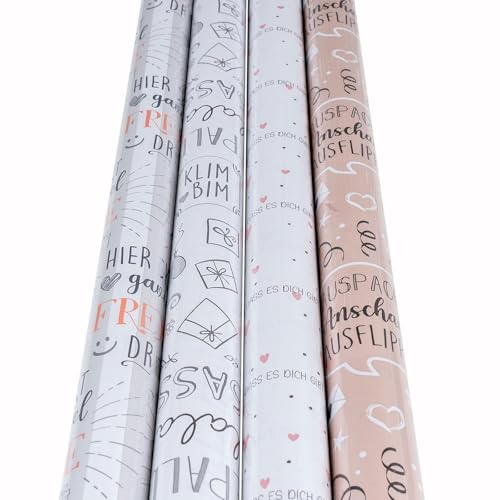 4 Rollen Geschenkpapier Set 70x200cm Geburtstag Weiß Braun Freunde Liebe Happy Verpackung Geschenk-Papier