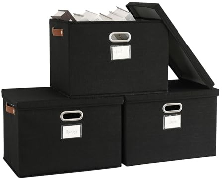 Bagnizer 3 Scatole Portaoggetti con Coperchio, Pieghevole, in tessuto, con 4 manici, impilabili, con coperchio, grandi scatole per armadi e scaffali, Nero, 43 x 30 x 30 cm