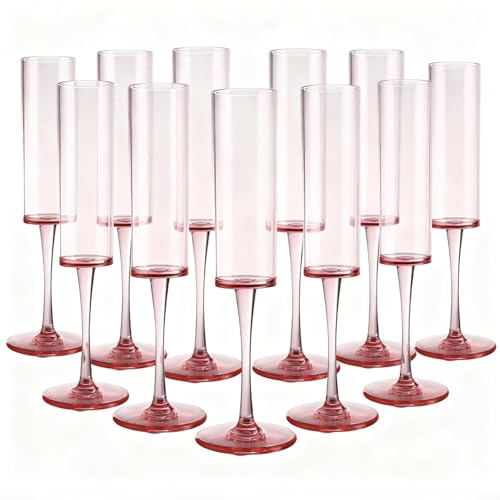 LDHHYH 12 Pack Plastic Champagne Flutes 165ml Reusable Plastic Champagne Glasses, Pink Plastic Prosecco Glasses for Weddings, Parties, Bar, Celebrations