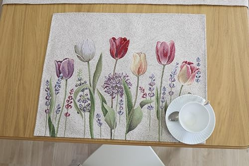 Bordstabletter tvättbara set om 6, 40 x 50 cm, bordsunderlägg tyg 100 % jacquard gobeläng, underlägg hög kvalitet återanvändbara för bröllop, födelsedag, kök, café – tulpaner