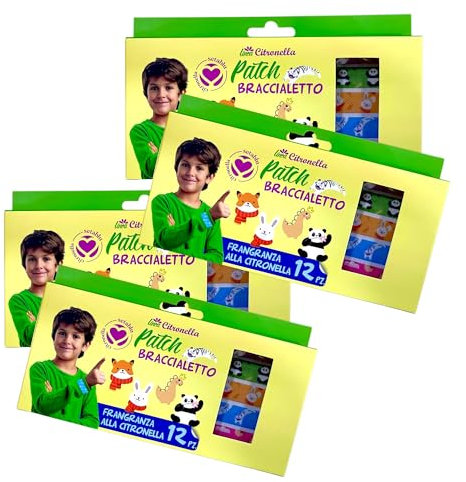Citronella Patch Braccialetto Antizanzare, 48 Pezzi in 4 Confezioni da 12, Design con Panda, Coniglietto, Tigre e Gallina