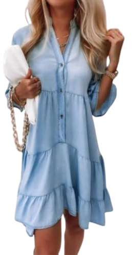 Vestido Denim de Algodón Lavado - Cuello V con Volantes para Playa y Brunch | Vestido Ligero de Media Manga Mujer (Light Blue,L)