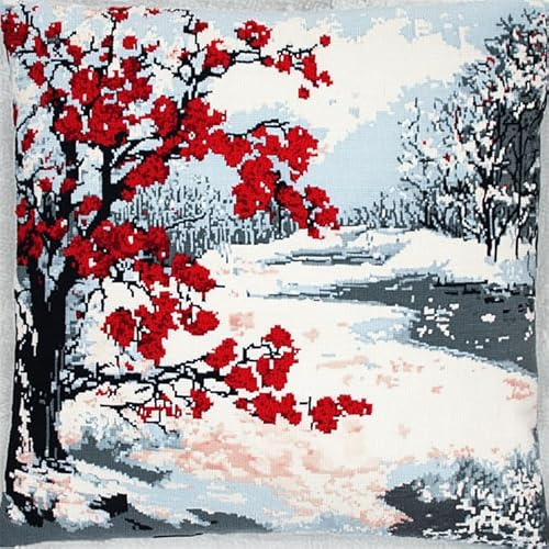 AxiangziK Winterschneeszene DIY Knüpfhaken-Set Knüpfkissen,Zweige mit roten Pflaumenblüten,Latch Hook Kissen Kit,Knüpfkissen Set für Anfänger Erwachsene oder Kinder zum Selber Knüpfen,17x17in