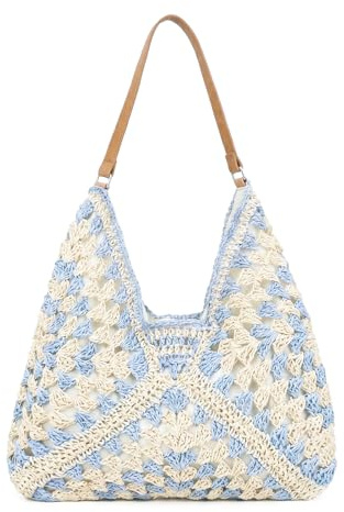 Skyearman Sac a Main Femme Grand Sacs Tissés en Paille Tissée pour Femme Sac de Plage D'été de Loisirs Tote Portés épaule Pour Voyage, Date et Vacances (Bleu Clair)