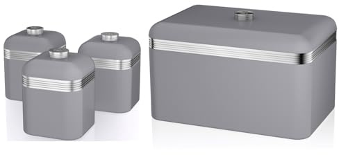 Swan Retro Grey Bread Bin and Tea, Coffee, Sugar Canisters. Matching Retro Design Kitchen Storage Set in Grey