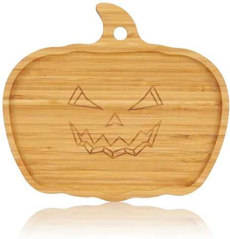 WILLKOMMEN Bandeja de Servir para con Forma de Calabaza, Tabla de Quesos y Embutidos de Bambú, Plato de Servir de 25 x 22 cm para Fiestas Infantiles, Plato para Quesos de Miedo