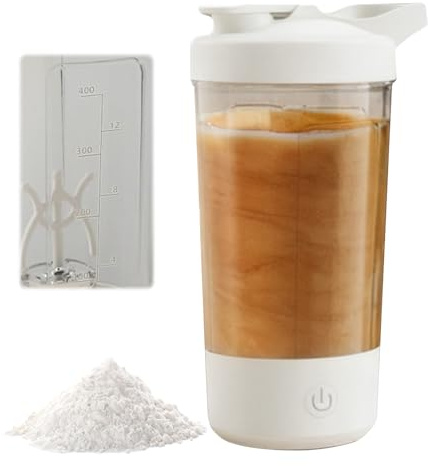 GOEDCH Coctelera eléctrica de 450 ml: batidora eléctrica blanca de proteínas, batidora eléctrica recargable USB C, batidor de proteínas para batido de proteínas y batido de leche, botella de batido