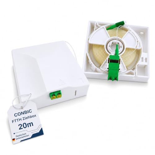 CONBIC FTTH Ziehbox 20m – vorkonfektioniertes Glasfaserkabel LC/APC 8°, OS2 Patchkabel transparent, 0,9 mm, G.657.B3 für Router