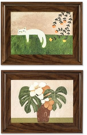 Luccyle Decoración mural enmarcada vintage, cuadro con gatos y motivos botánicos, conjunto de arte mural para salones, dormitorios infantiles y baños, 40 x 30 cm