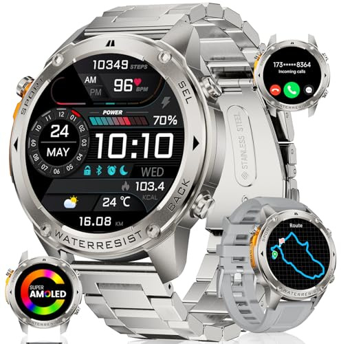 LIGE GPS Smartwatch Herren mit Kompass, 1.43'' Amoled Smart Watch, 170+ Sport Modi Fitness Tracker, 5ATM/IP68 Sportuhr Wasserdicht Schwimmen, 24/7 Herzfrequenz/Schlafmonitor für Android iOS, Silber