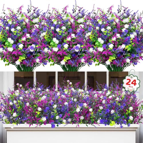 Woltoy Artificial Flowers 24Pcs Mixed Fake Flowers Plants Bouquet in 4 Colours, Faux Plants Plastic Spring Flower Artificial Outside Hanging Planter For Home Decor, Vase Fillers All Year