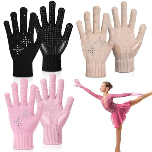 Toulite 3 Pairs Adult Winter Gloves, Non Slip Gel Grip Warm Gloves with Rhinestone Crystals for Ice Skating, Driving, Walking(Pink, Black, Nude)