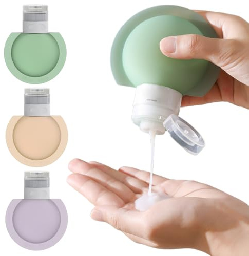 3 contenitori da viaggio, bottiglie da viaggio a bocca larga, a prova di perdite, rovesciate bordo, in silicone riutilizzabile, riutilizzabili, per articoli da toeletta, con etichette, 3 colori