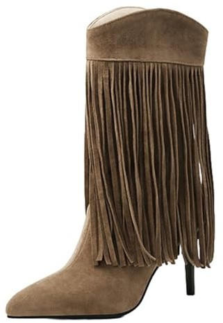 Cocey Botines para mujer de ante | tacón de aguja de 7,5 cm con flecos para eventos de otoño y uso diario en caqui y negro, caqui, 40 EU