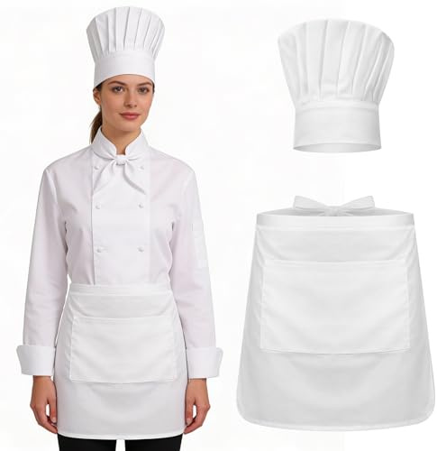 Josojoou Lot de 2 costumes de chef blancs pour homme - Tablier et chapeau de chef réglables - Demi-tabliers de cuisine hauts pour la cuisine, les grillades, la pâtisserie