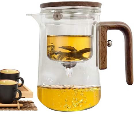 Infusora De Té De Vidrio - Jarra Transparente con Separación De Agua, Mango De Madera Resistente Al Calor, Colador De Hojas Sueltas Desmontable | A prueba de derrames, apartamento más empinado,