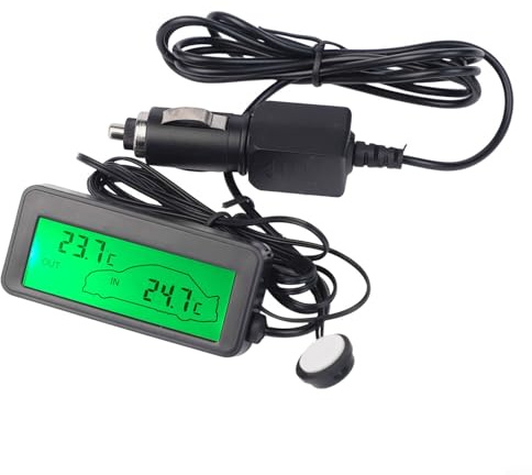 TONIXY Thermomètre numérique LCD 12 V pour voiture, jauge de température intérieure et extérieure et fil de capteur de 1,5 m, pour la surveillance intérieure et extérieure du véhicule (vert)