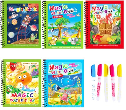 LEMONSTONE 5 Stück Wiederverwendbar Wasser Malbuch, Magisches Wassermalbuch mit 5 Wasserstift, Water Wow Malbuchs, Kreatives Water Coloring, Wasser Malbuch Doodle für Kinder Geschenke