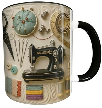 Yqooup Taza de té, diseño temático de costura, tazas de cerámica de cacao caliente, para capuchino, leche, cacao, vino, cerveza, cocina, cafetería, restaurante, cumpleaños