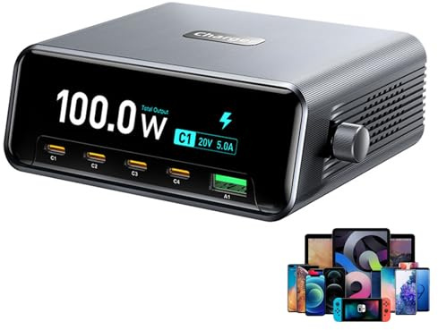 LNBEI 5 Port Gan Desktop Charging Station, 265w USB C/A Fast Charger Block, 2.3 Lcd Display, Smart Power Allocation & Smart Control Dial, Portable Charger Hub for iPhone, Macbook, Laptops, Tablet
