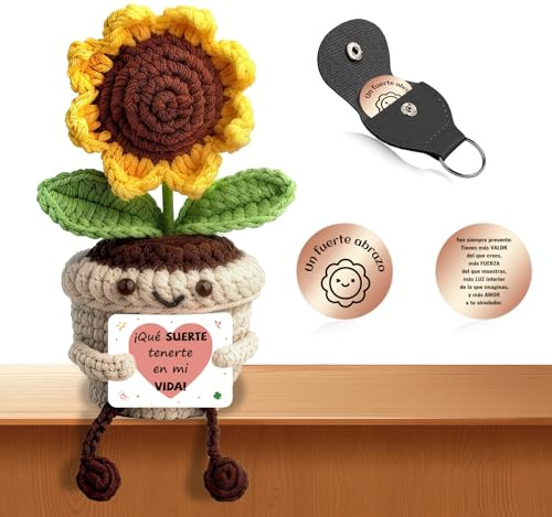 Girasol Crochet con Mensaje Positivo en Español, Regalo Original para Mujer con Flores Crochet y Amuletos de la Suerte, Peluche Motivacional, Regalos Divertidos para Amiga, Niña, Novia, Compañera (A)