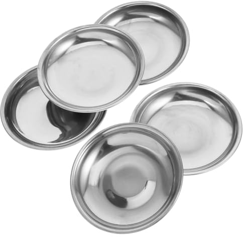 HOLIDYOYO Set di 5 Piatti Rotondi Colore Argento Resistenti a Rotture e Crepe in Acciaio Inossidabile Spessorato per Salsa e Snack in Famiglia o Ristorante