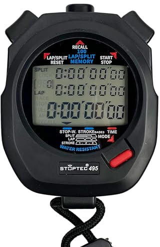 Stoptec Stoppuhr 495 | 3-Zeilen Display | 100 Memory | Schlagzahlmessung | Uhrzeit & Datum | Spritzwasserfest | Einfacher Batteriewechsel