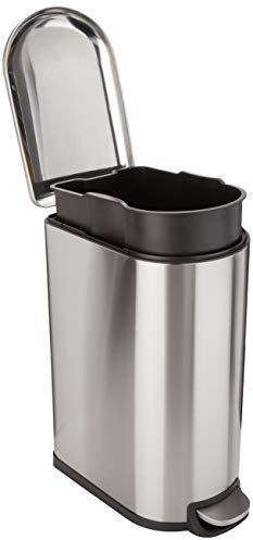 Amazon Basics Smudge Resistant D-Shaped Trash Can With Soft-Close Foot Pedal For Narrow Spaces, 40 l/10.5 gallon, Silver