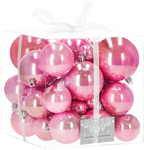 SPRINGOS Lot de 37 boules d’arbre de Noël, rose, diamètres : 4, 5, 6, 7 et 8 cm, incassables, pour décoration, décoration de sapin