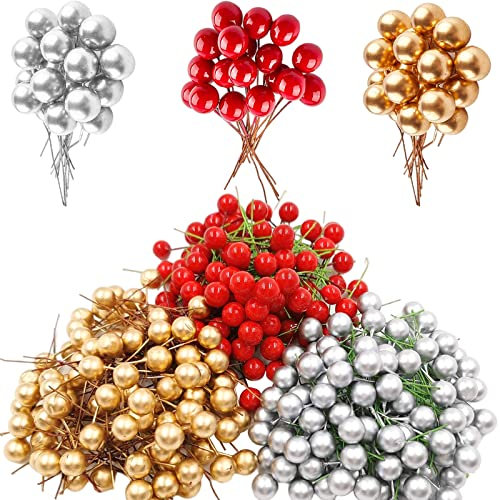 POPOYU 100pcs Christmas Berry Artificial Holly Berries, Artificial Fruits Red Berry Picks Winter Berries Bunch Berry Branches for Xmas Tree Decs,Christmas Wreath Making Decorations Supplies,Multicolor